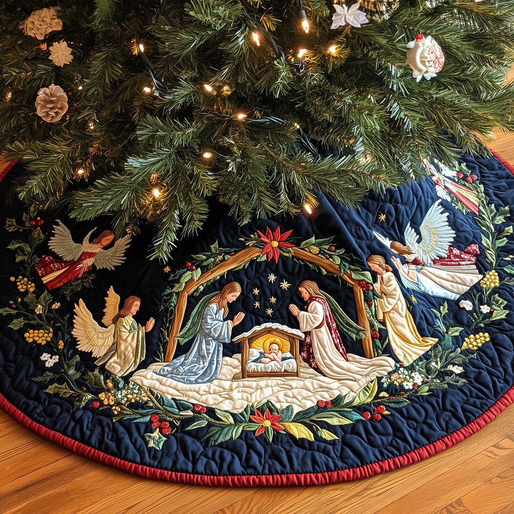 Nativity on Deep Navy with Angels Christmas Tree Skirt
