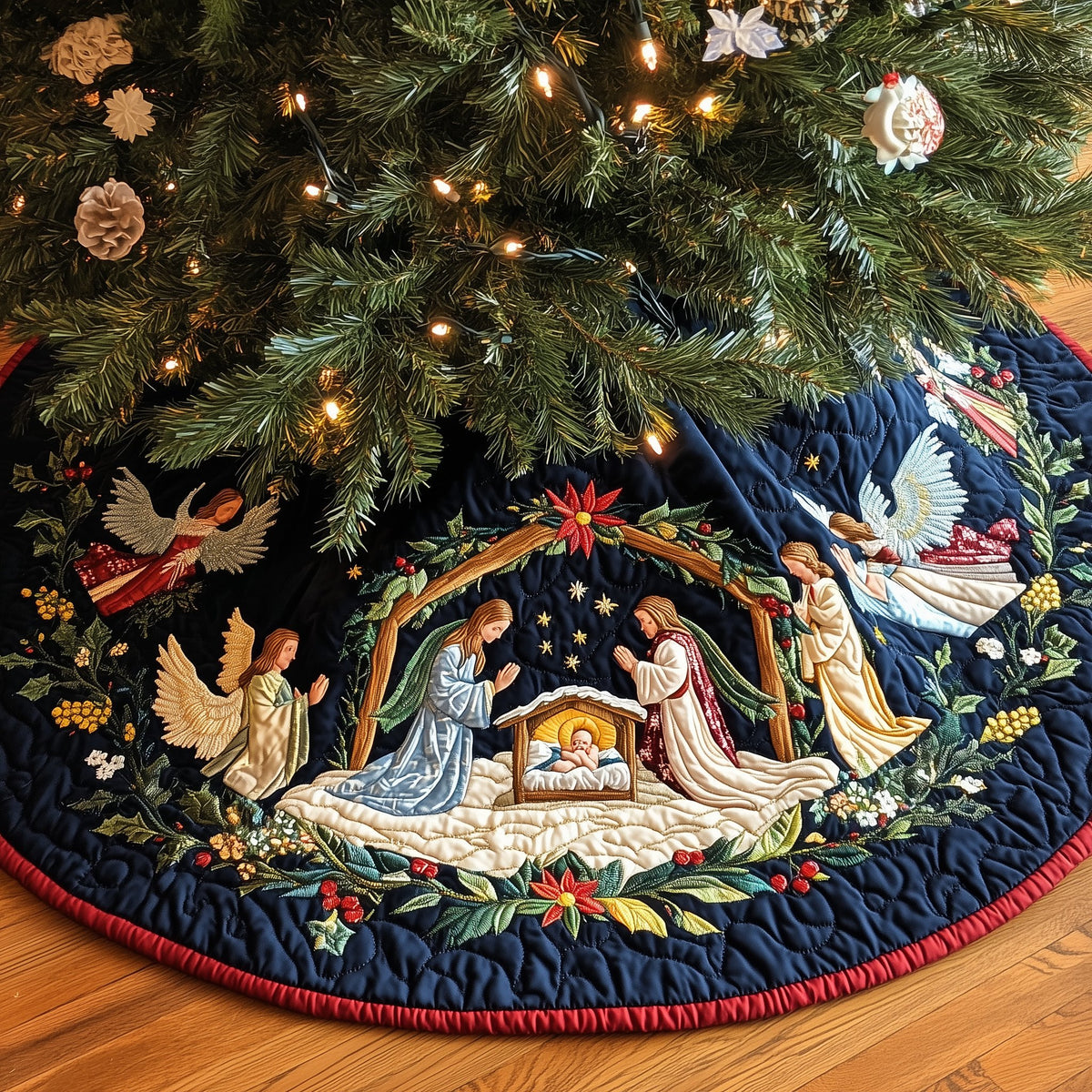 Nativity on Deep Navy with Angels Christmas Tree Skirt