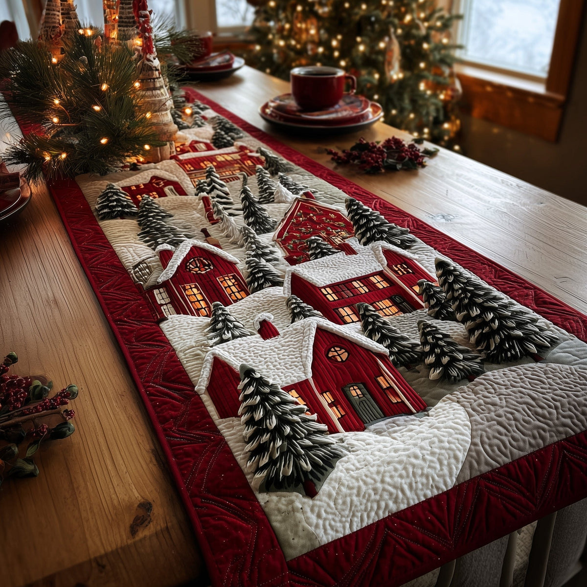 Red Cabins in Snowy Village Table Runner