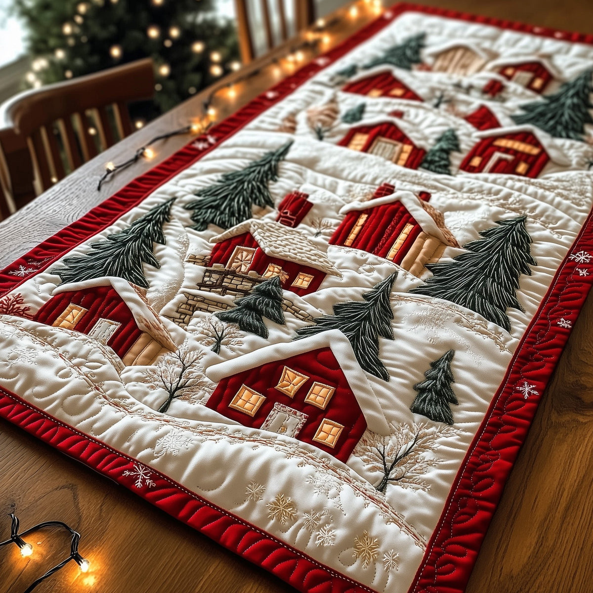 Snowy Village with Red Border Table Runner