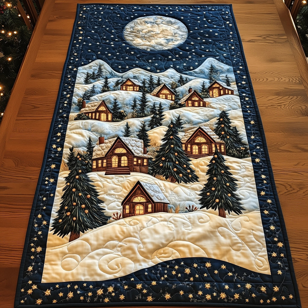 Cabins Under Starry Night Sky Table Runner