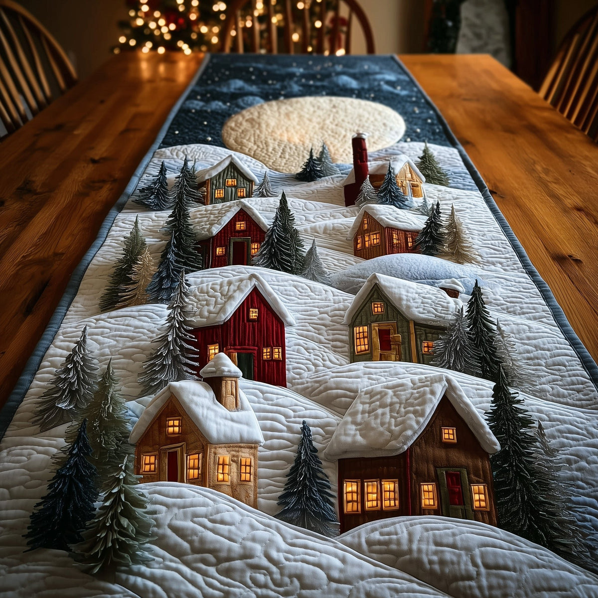 Snow Covered Houses and Pines Table Runner