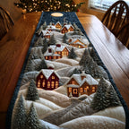 Lit Cottages in Winter Snow Table Runner