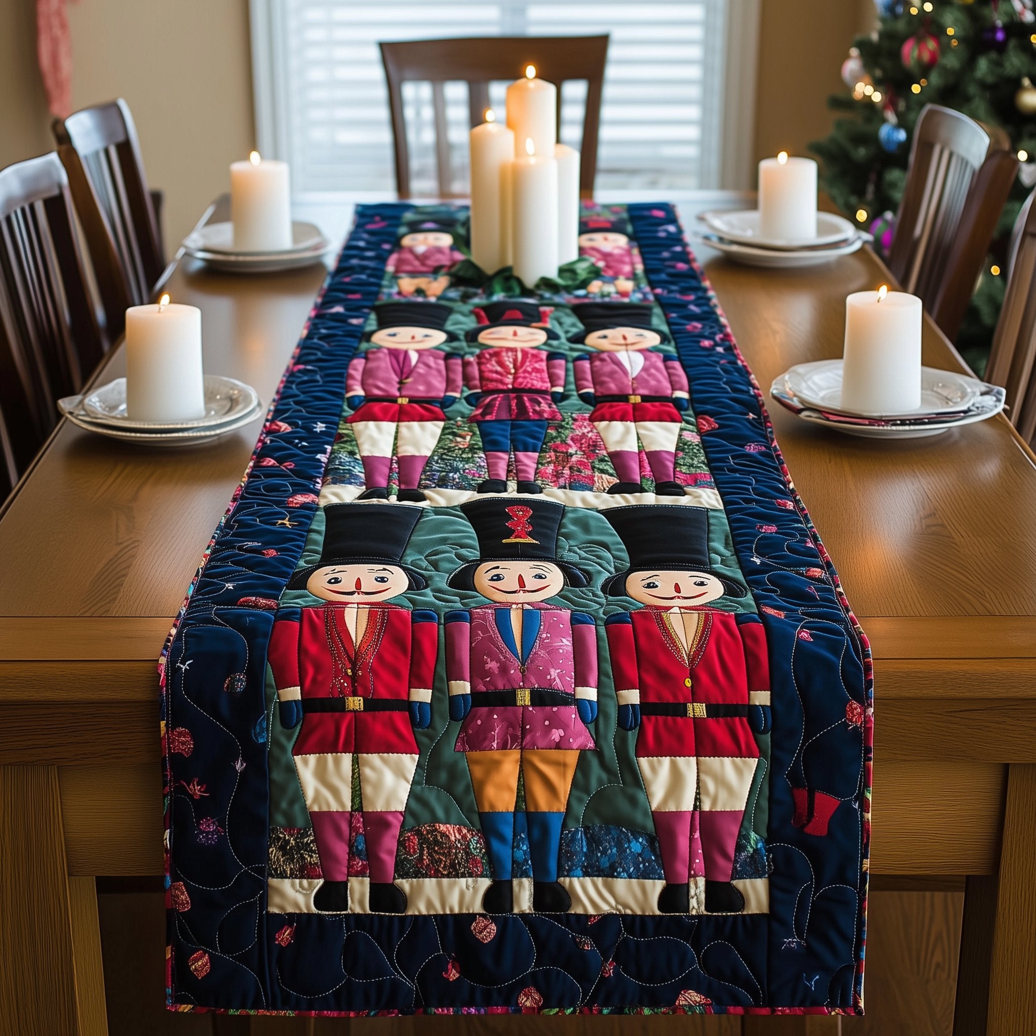 Nutcracker Trio on Pink Patchwork Table Runner