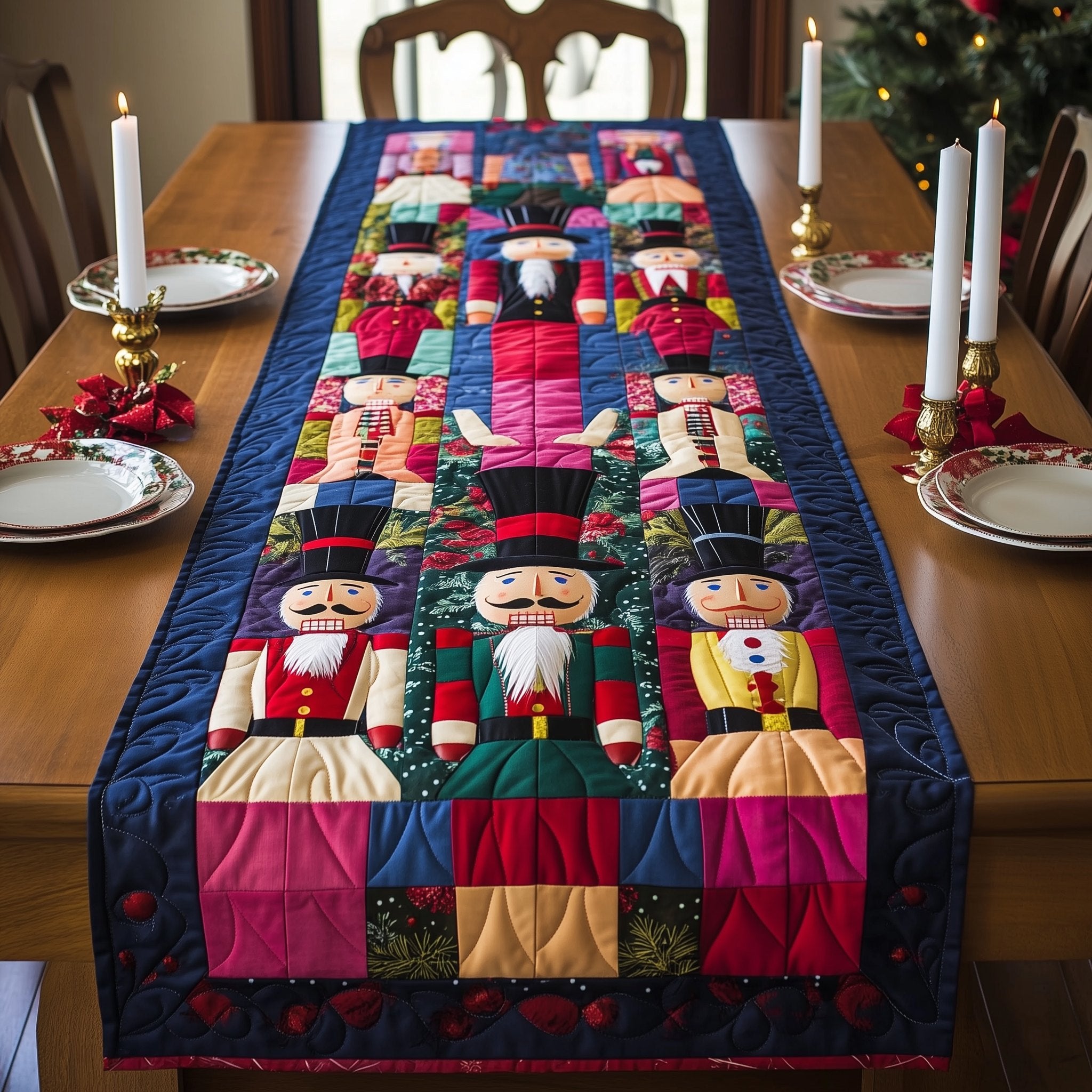 Nutcrackers with Green Patchwork Base Table Runner