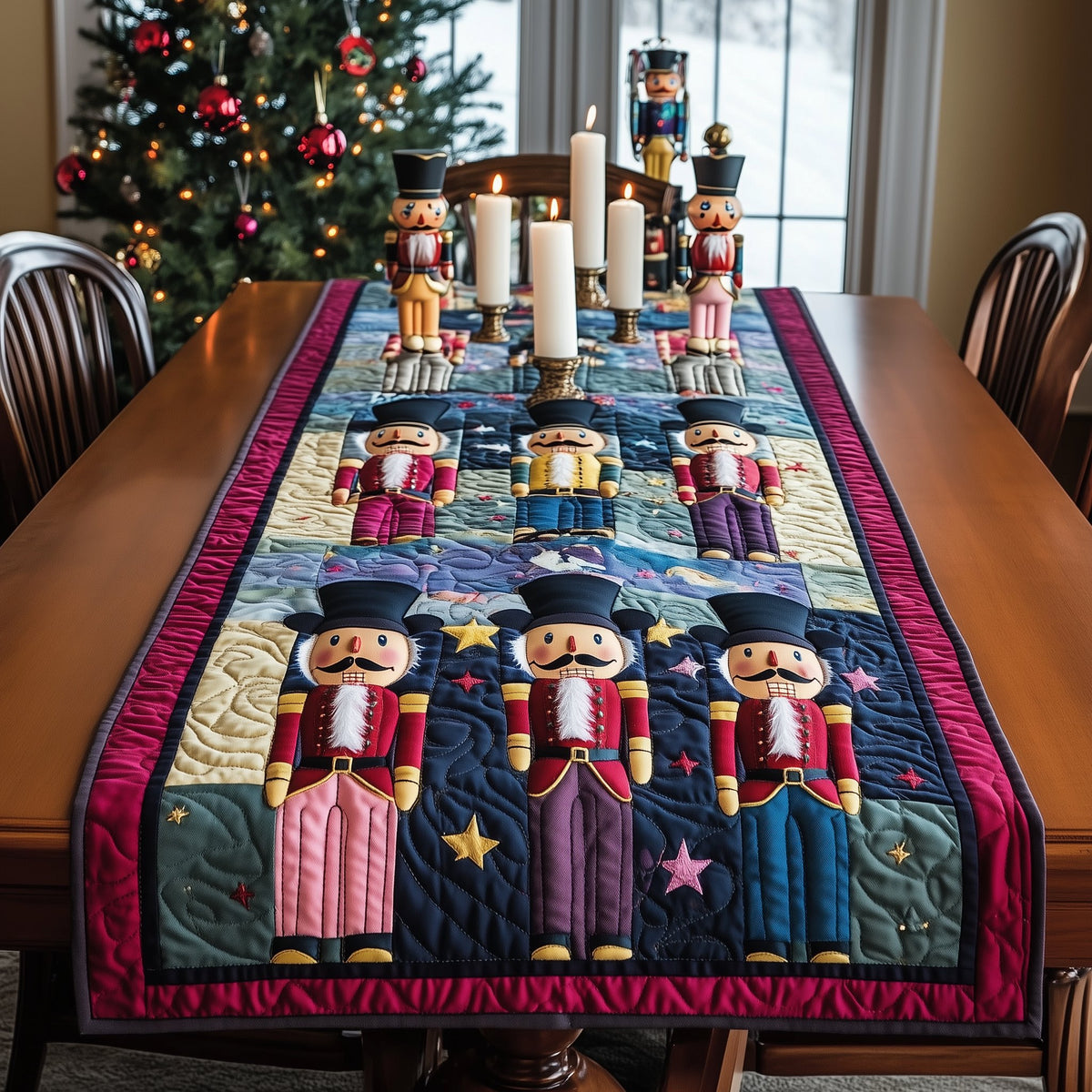 Nutcrackers on Pink Star Border Table Runner