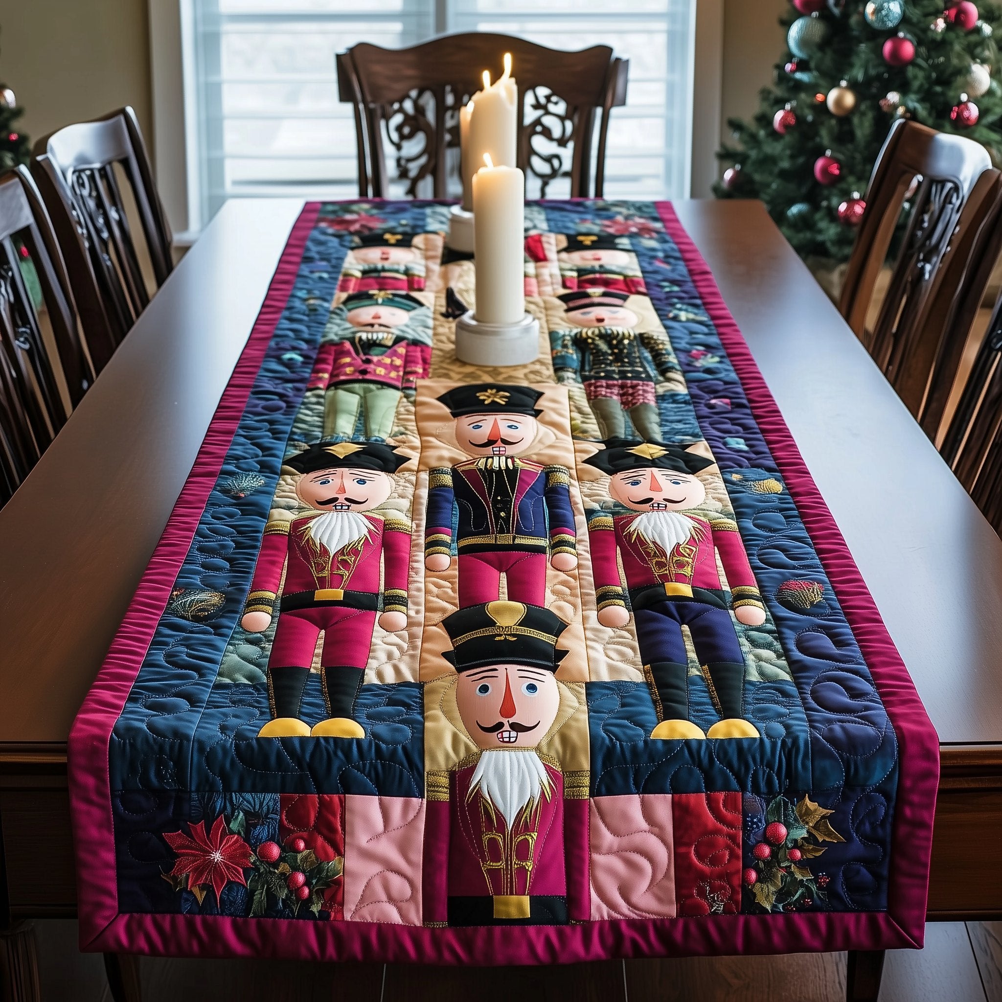 Nutcrackers with Poinsettia Corners Table Runner