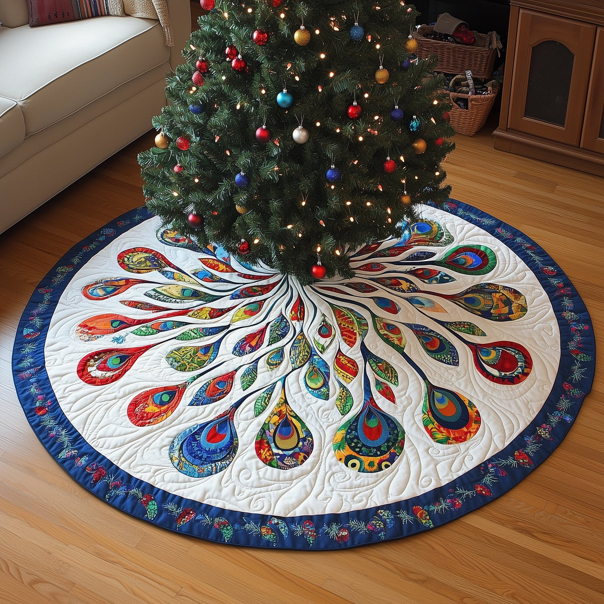 Multicolored Feathers with Blue Border Christmas Tree Skirt