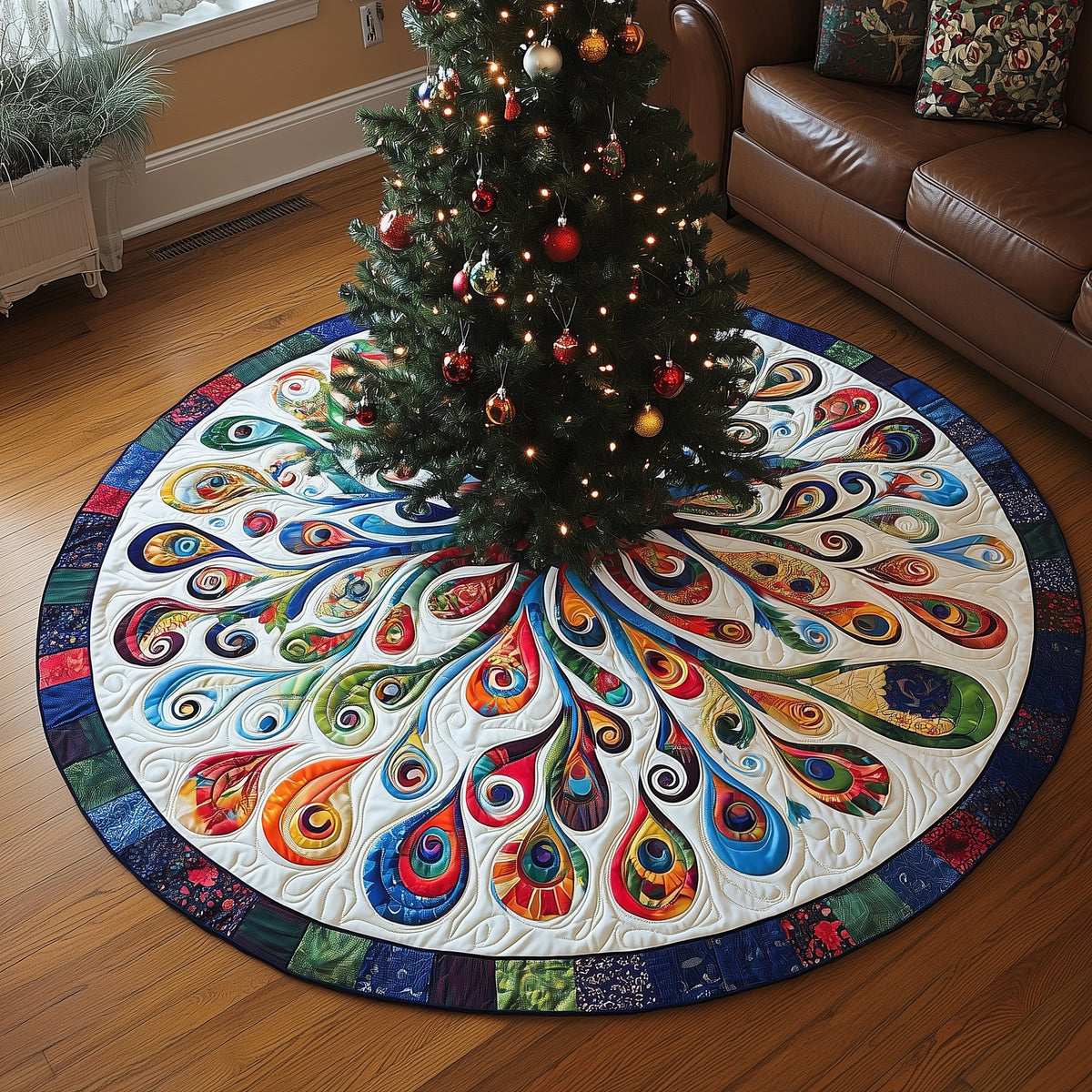 Rainbow Feather Rosette on White Christmas Tree Skirt