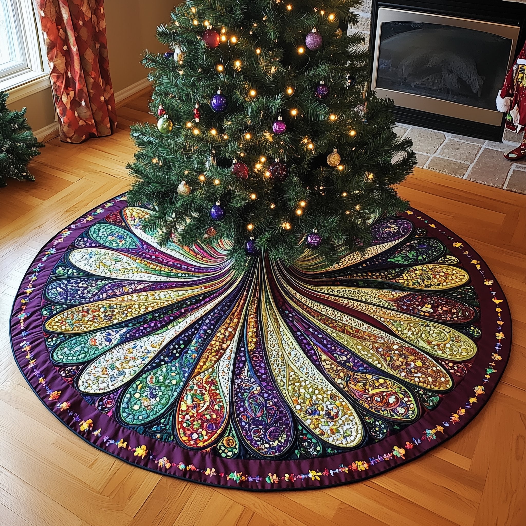 Jewel Feather Spread on Violet Christmas Tree Skirt