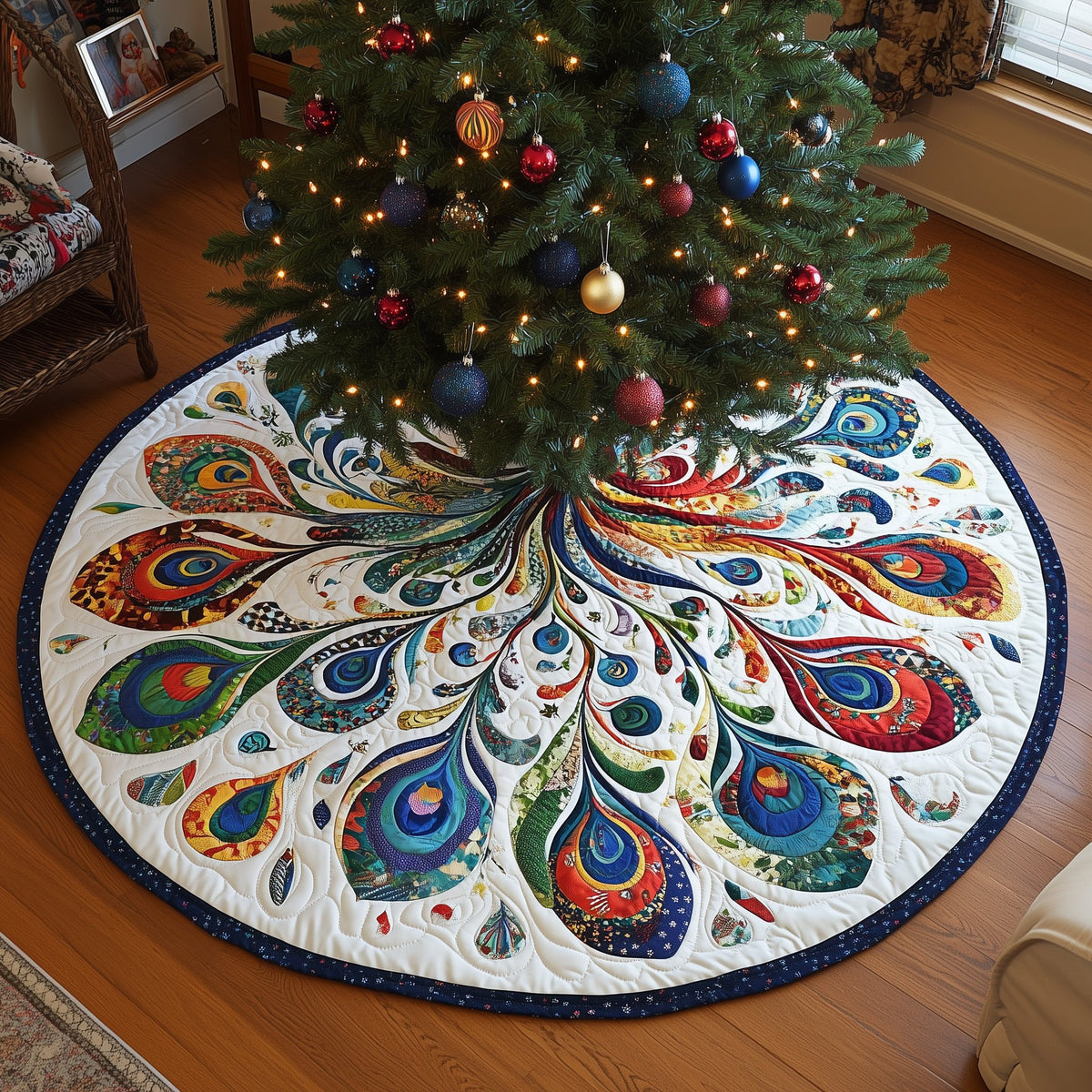 Peacock Feather Wheel in Many Colors Christmas Tree Skirt
