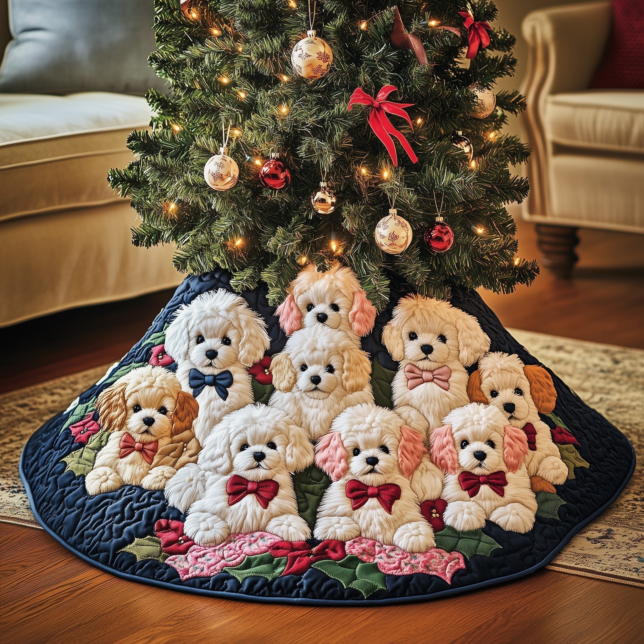 Poodles with Bows on Navy Christmas Tree Skirt