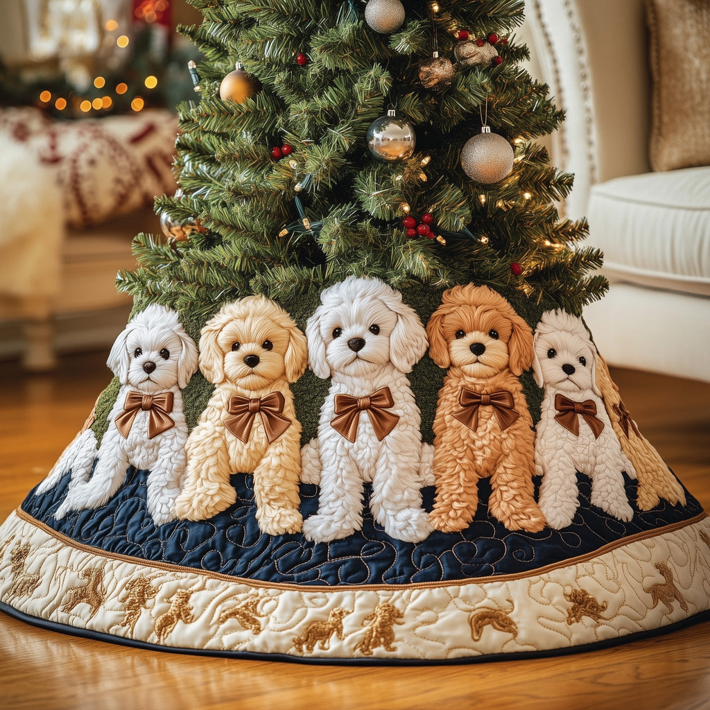 Apricot Poodles with Brown Bows Christmas Tree Skirt