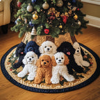 Poodle Family on Navy Trimmed Cream Christmas Tree Skirt