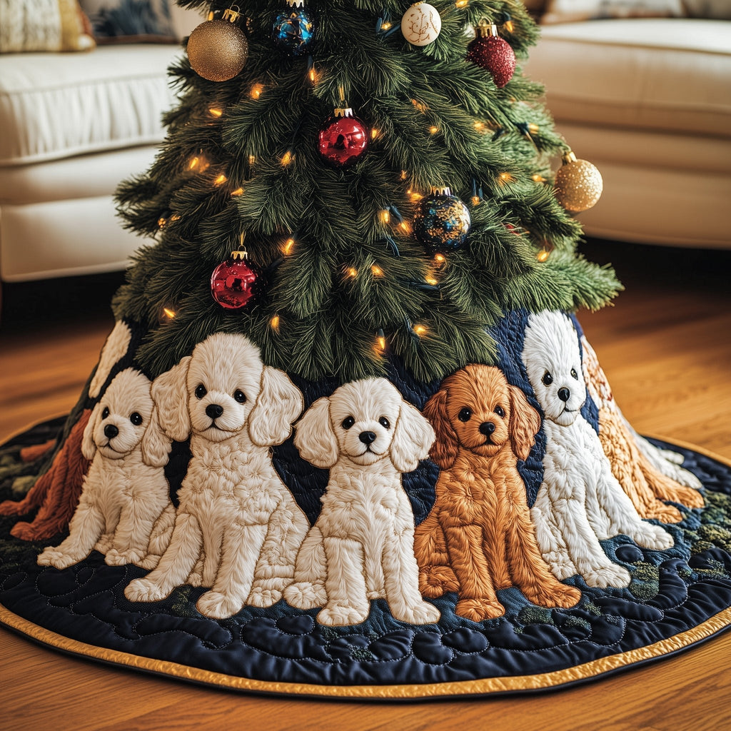 Cream and Apricot Poodles on Navy Christmas Tree Skirt