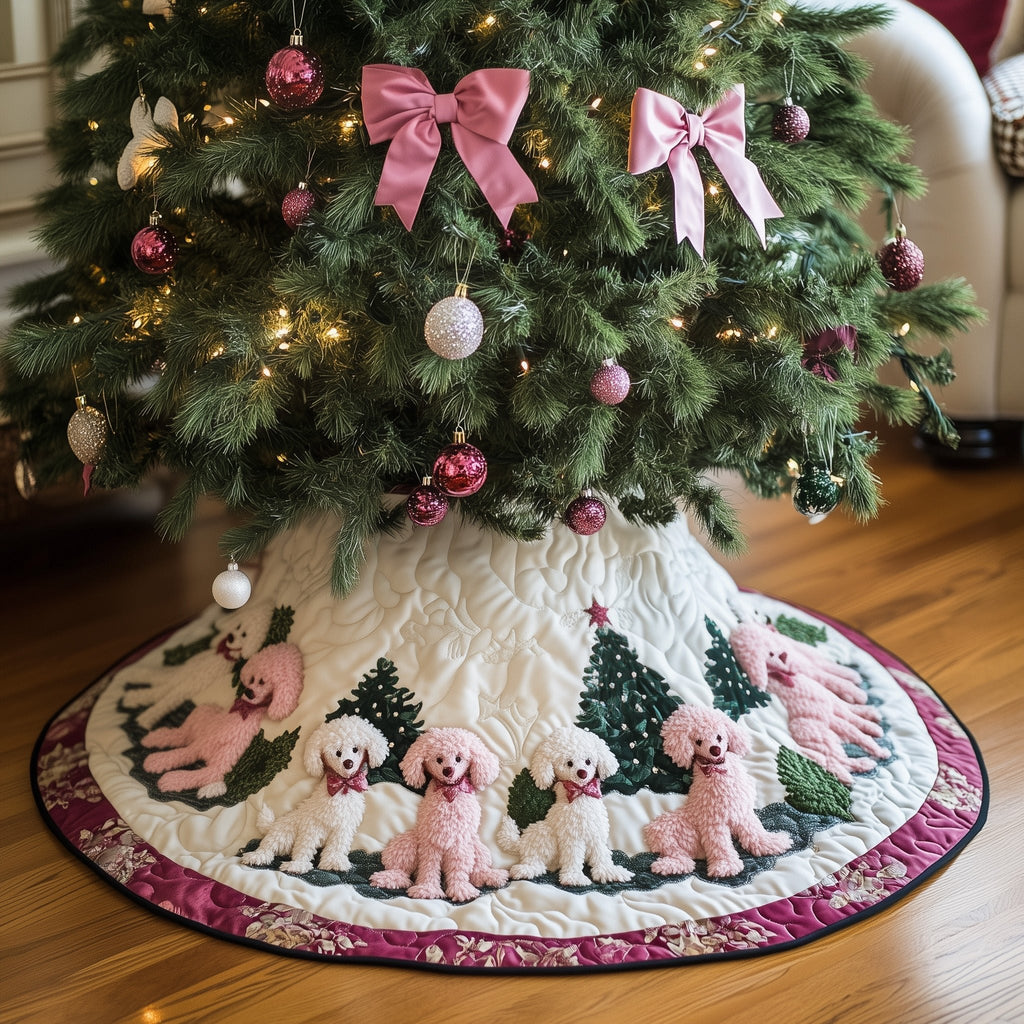 Pink Poodles with Green Trees Christmas Tree Skirt