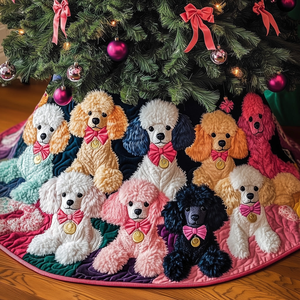 Colorful Poodles with Bows Christmas Tree Skirt