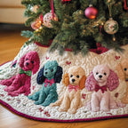 Pink and Teal Poodles on White Christmas Tree Skirt