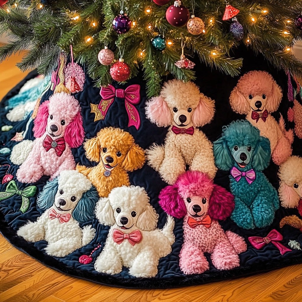 Pastel Poodle Crowd on Navy Christmas Tree Skirt