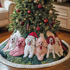 Poodles in Santa Hats Pink and White Christmas Tree Skirt