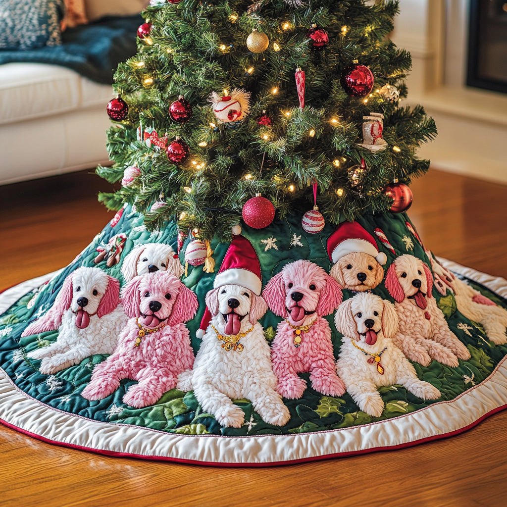 Poodles in Santa Hats on Green Christmas Tree Skirt