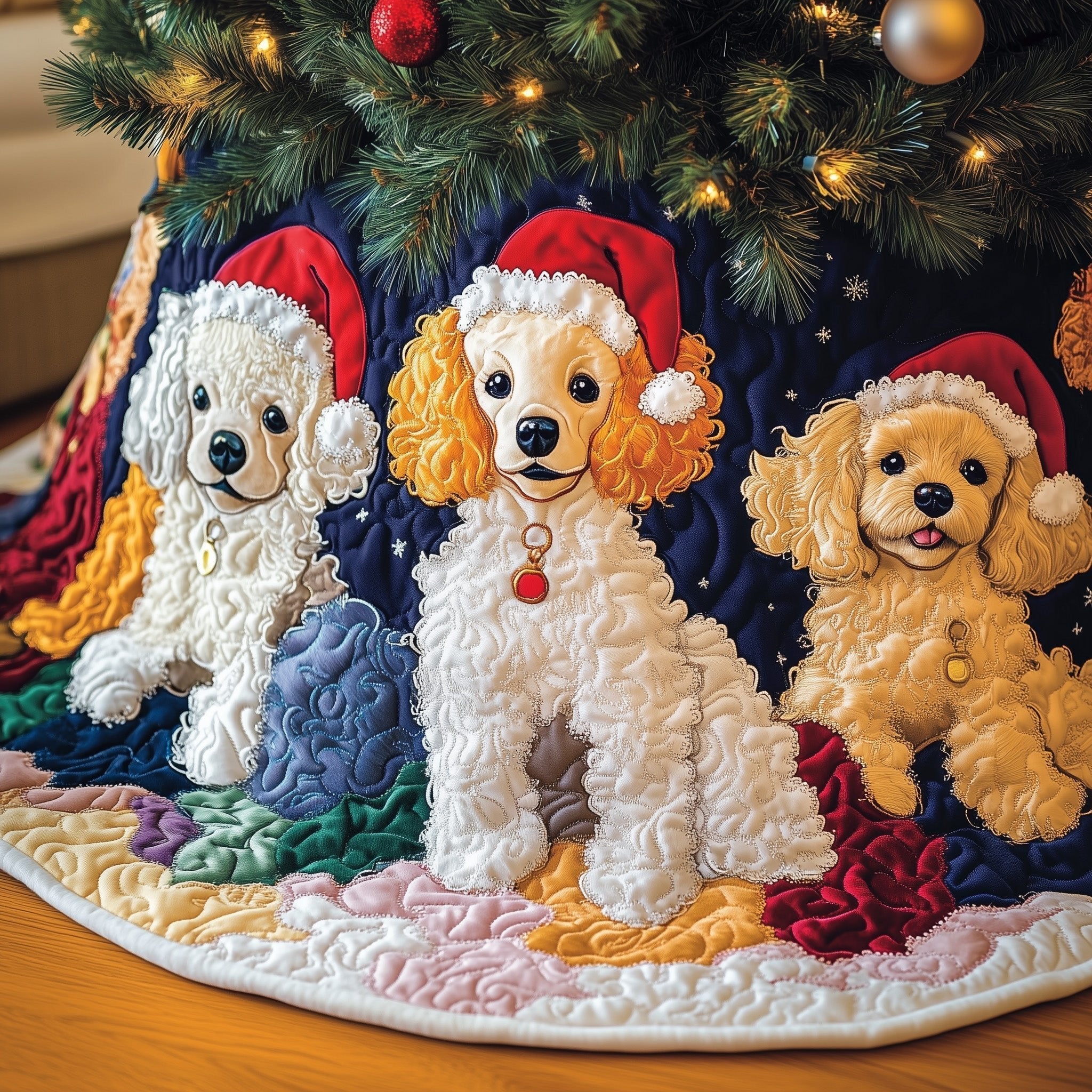 Poodles in Earmuffs and Santa Hats Christmas Tree Skirt