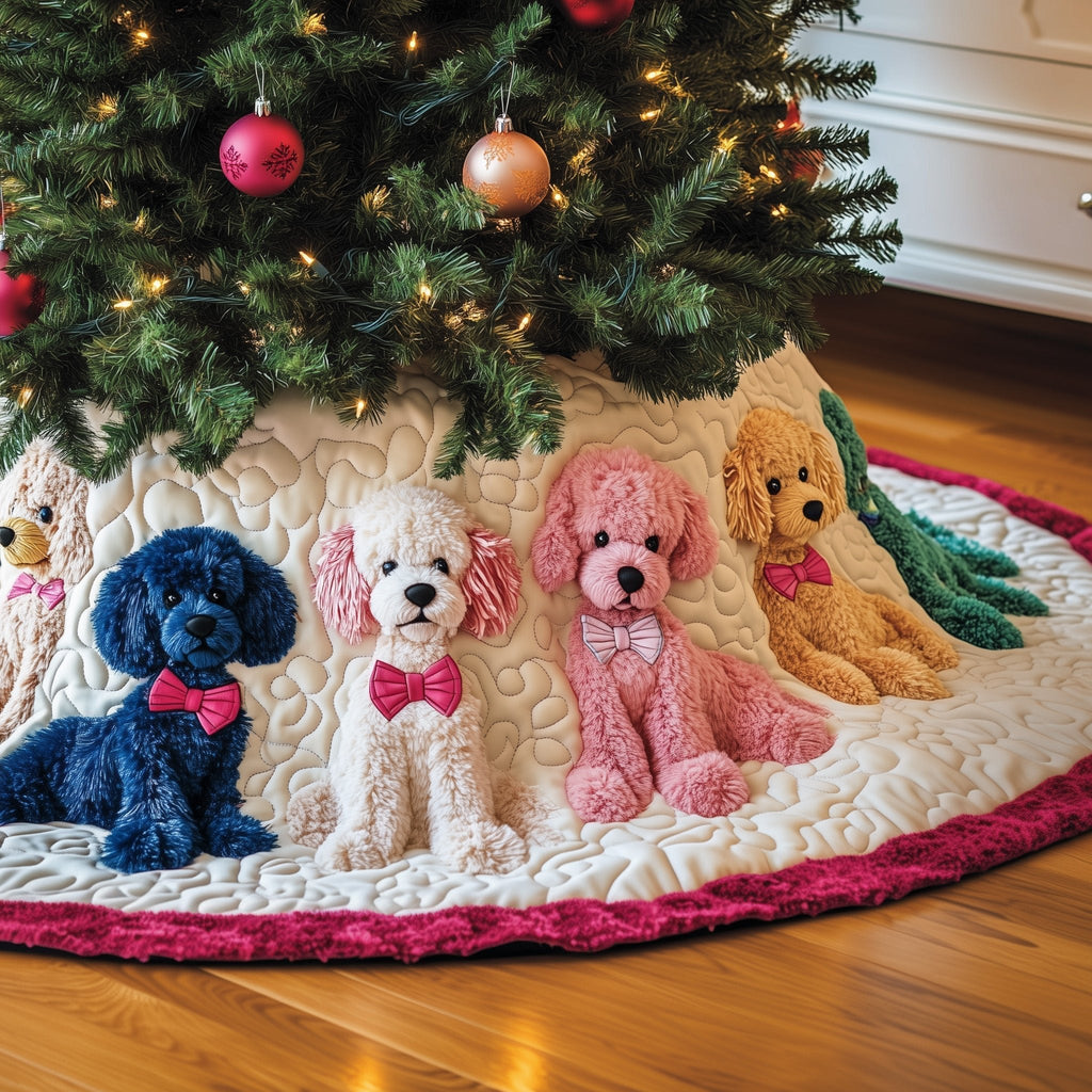 Blue and Pink Poodles with Bows Christmas Tree Skirt