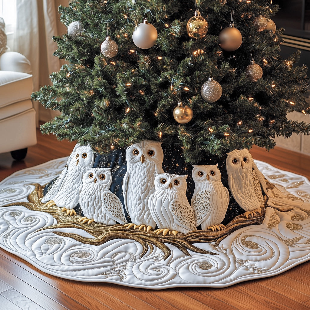 White Owls on the Golden Branch Christmas Tree Skirt