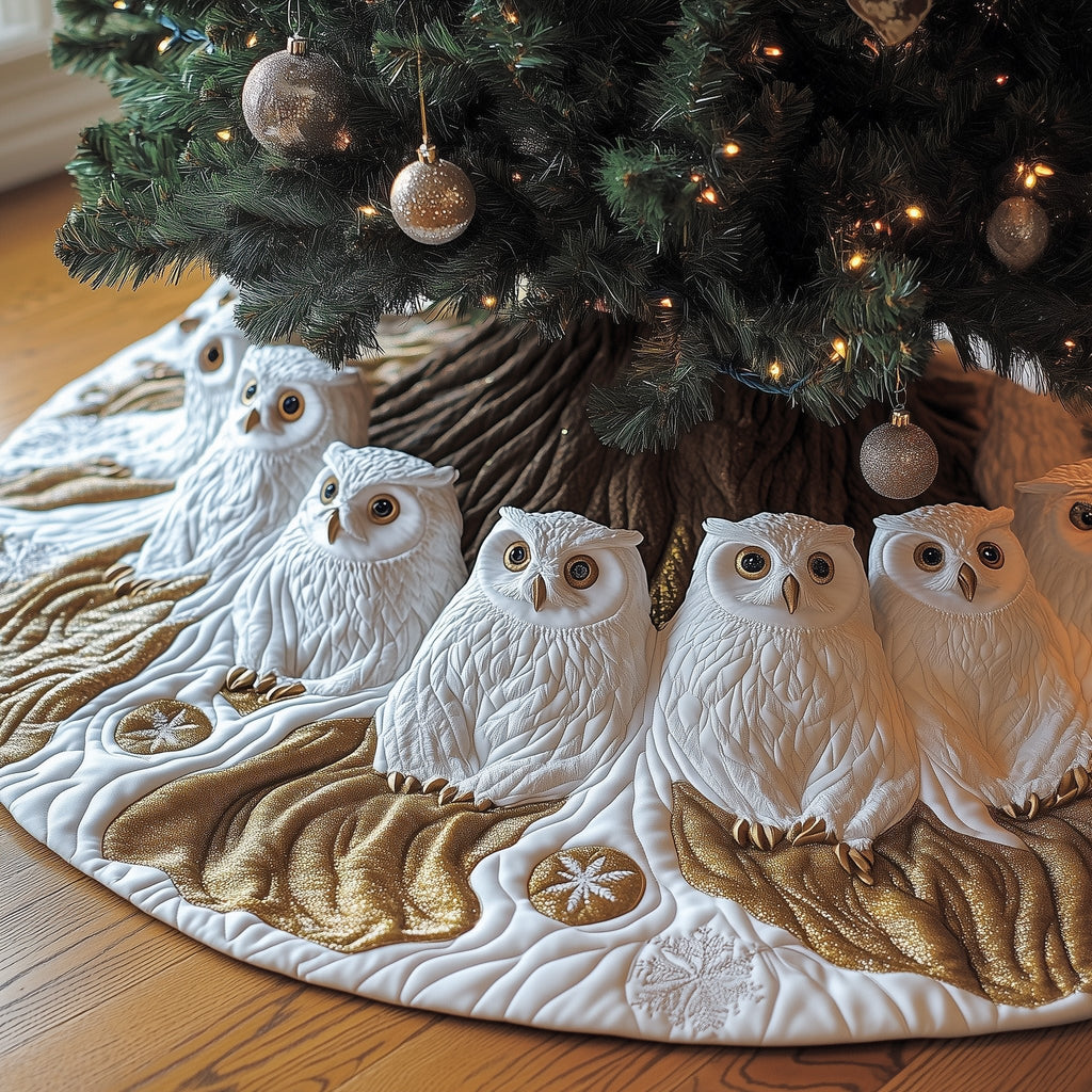White Owls on Cream with Gold Christmas Tree Skirt