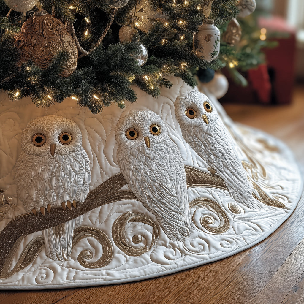 Snowy Owls on White Swirls Christmas Tree Skirt
