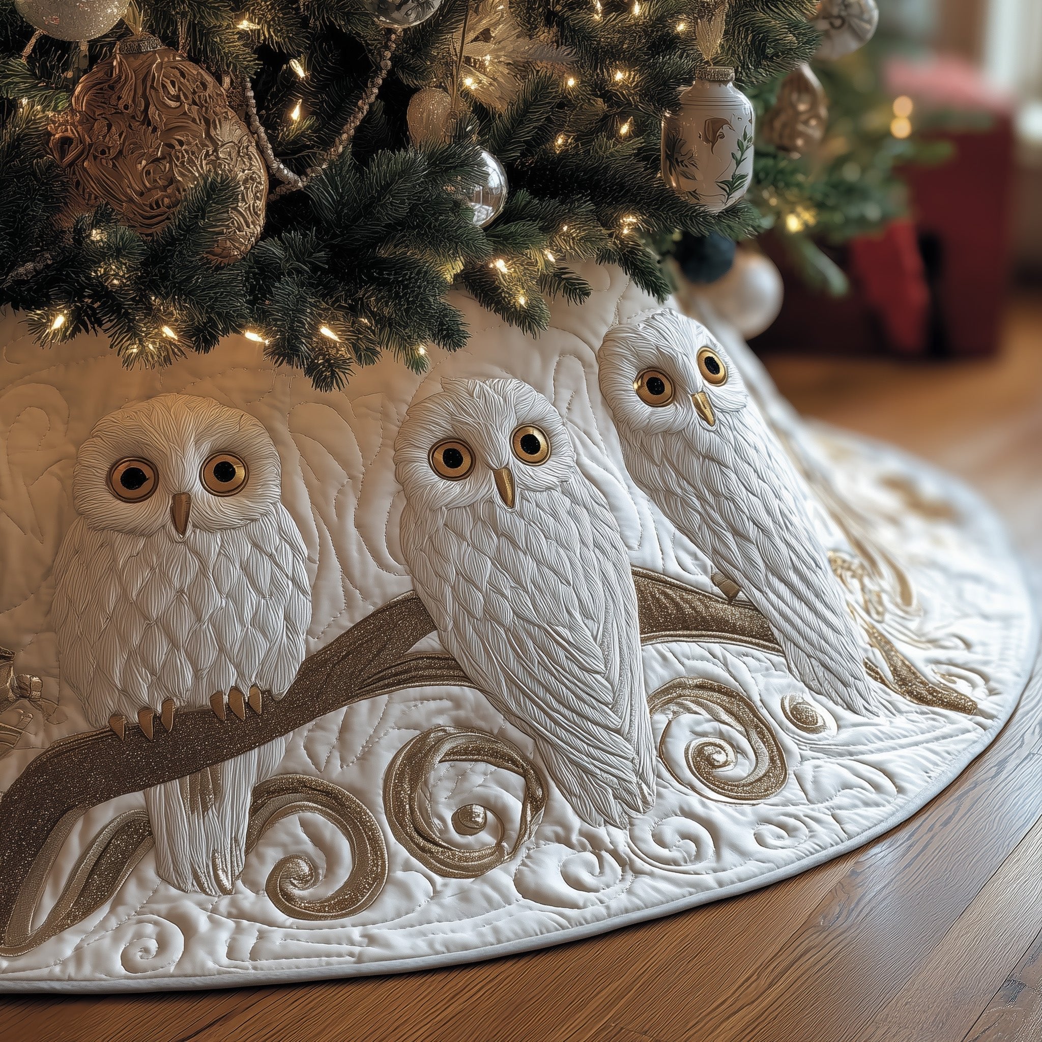 Snowy Owls on White Swirls Christmas Tree Skirt