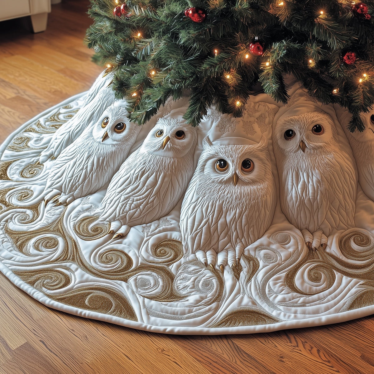 White Owls on Ivory Swirls Christmas Tree Skirt