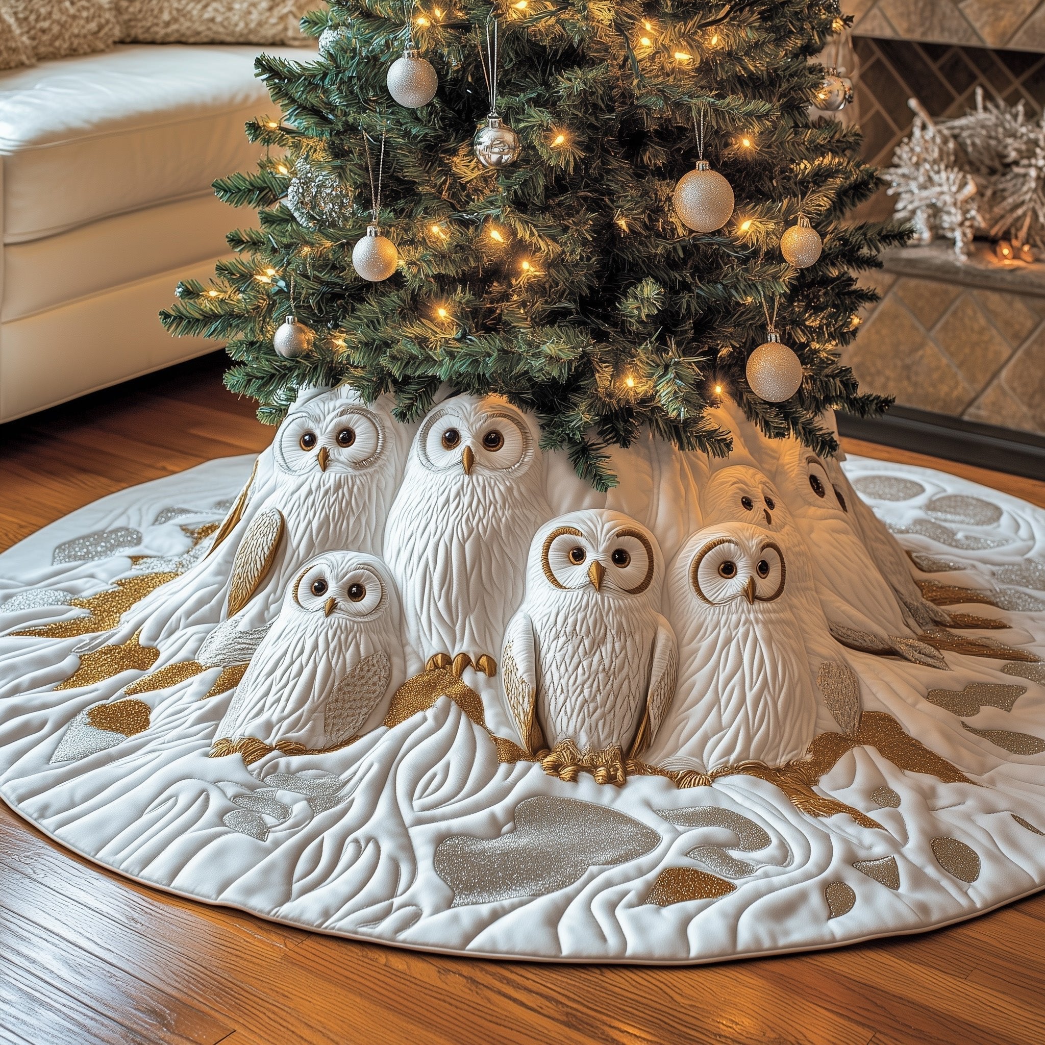 White Owls on the Golden Bough Christmas Tree Skirt