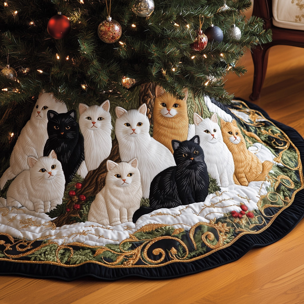 Cats on Gold Bordered Quilt Christmas Tree Skirt