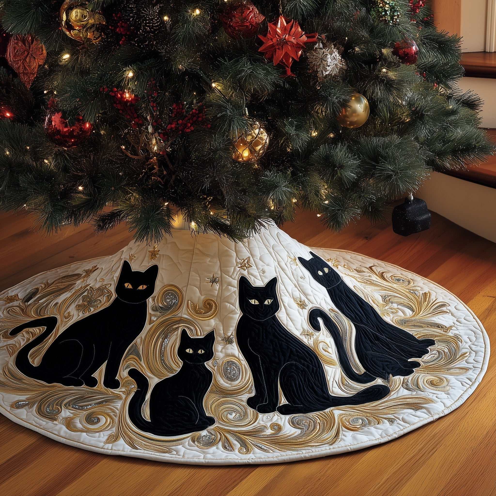 Black Cat Family with Gold Swirls Christmas Tree Skirt