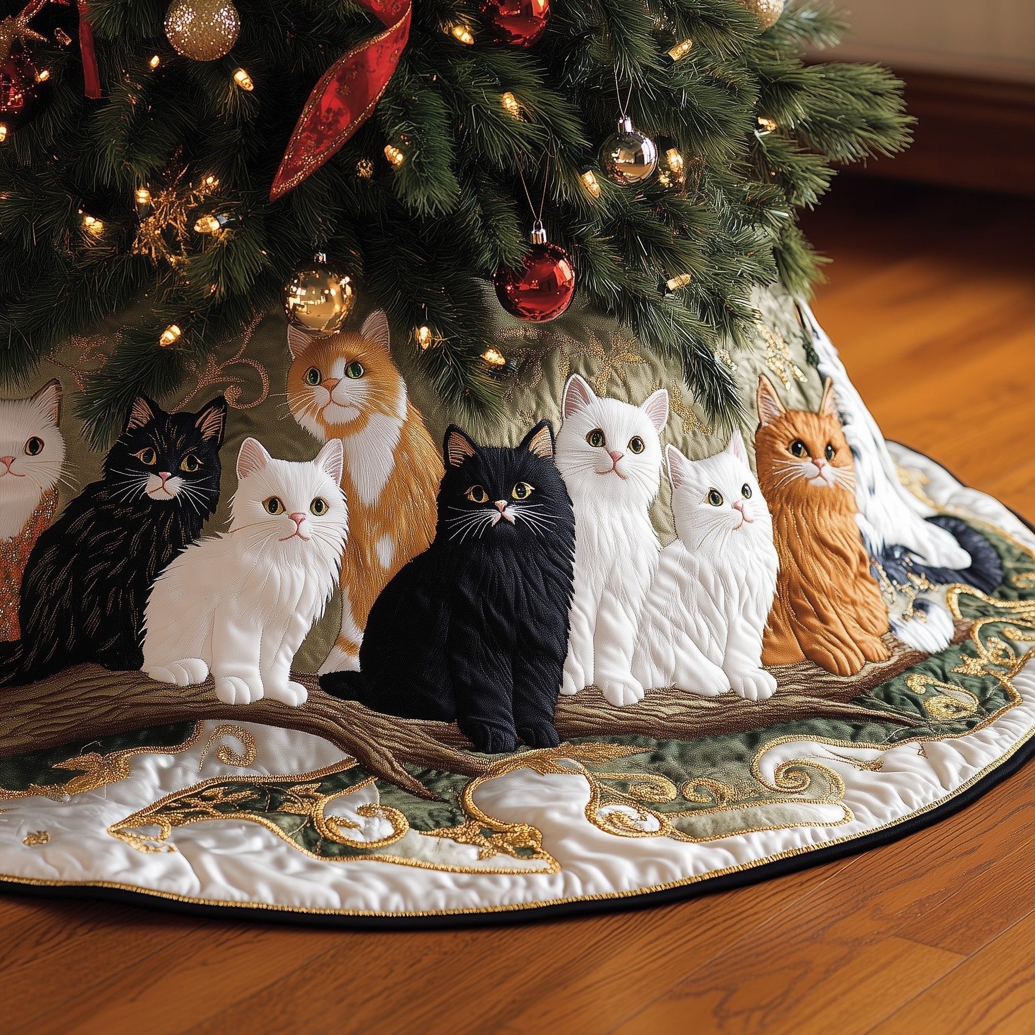 Fluffy Cats on a Branch Cream Christmas Tree Skirt
