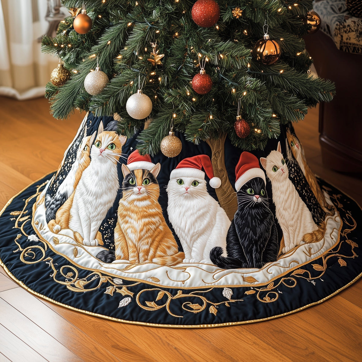 Santa Hat Cats in the Gold Vine Christmas Tree Skirt