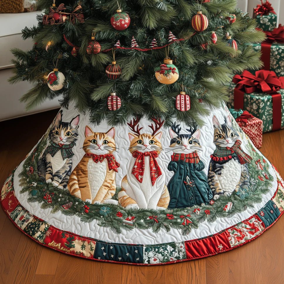 Cats in Reindeer Antlers and Scarves Christmas Tree Skirt