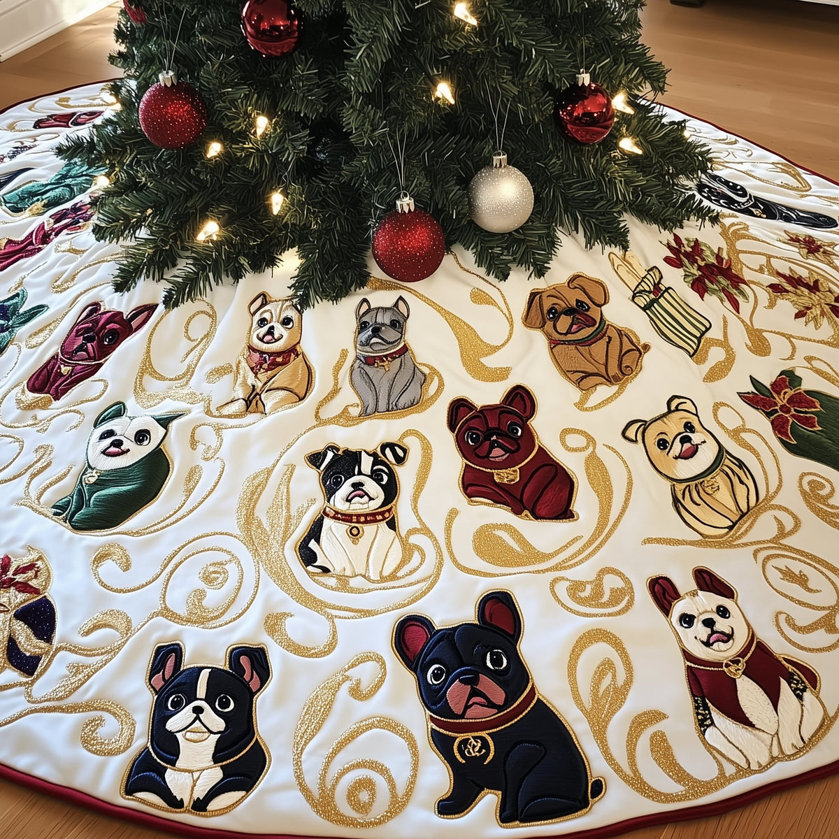 French Bulldogs on Cream Gold Swirls Christmas Tree Skirt