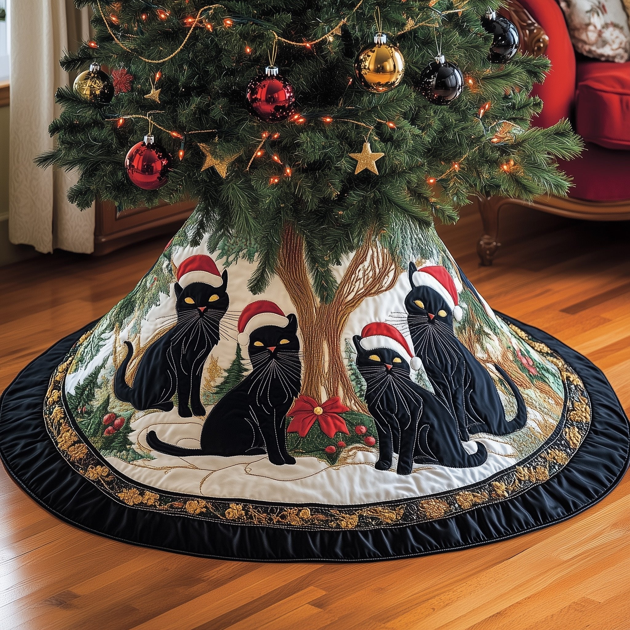 Black Holiday Cat Christmas Tree Skirt