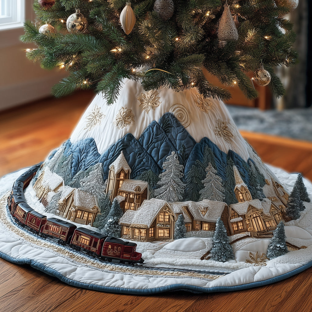 Snowy Village with Mountain Train Christmas Tree Skirt