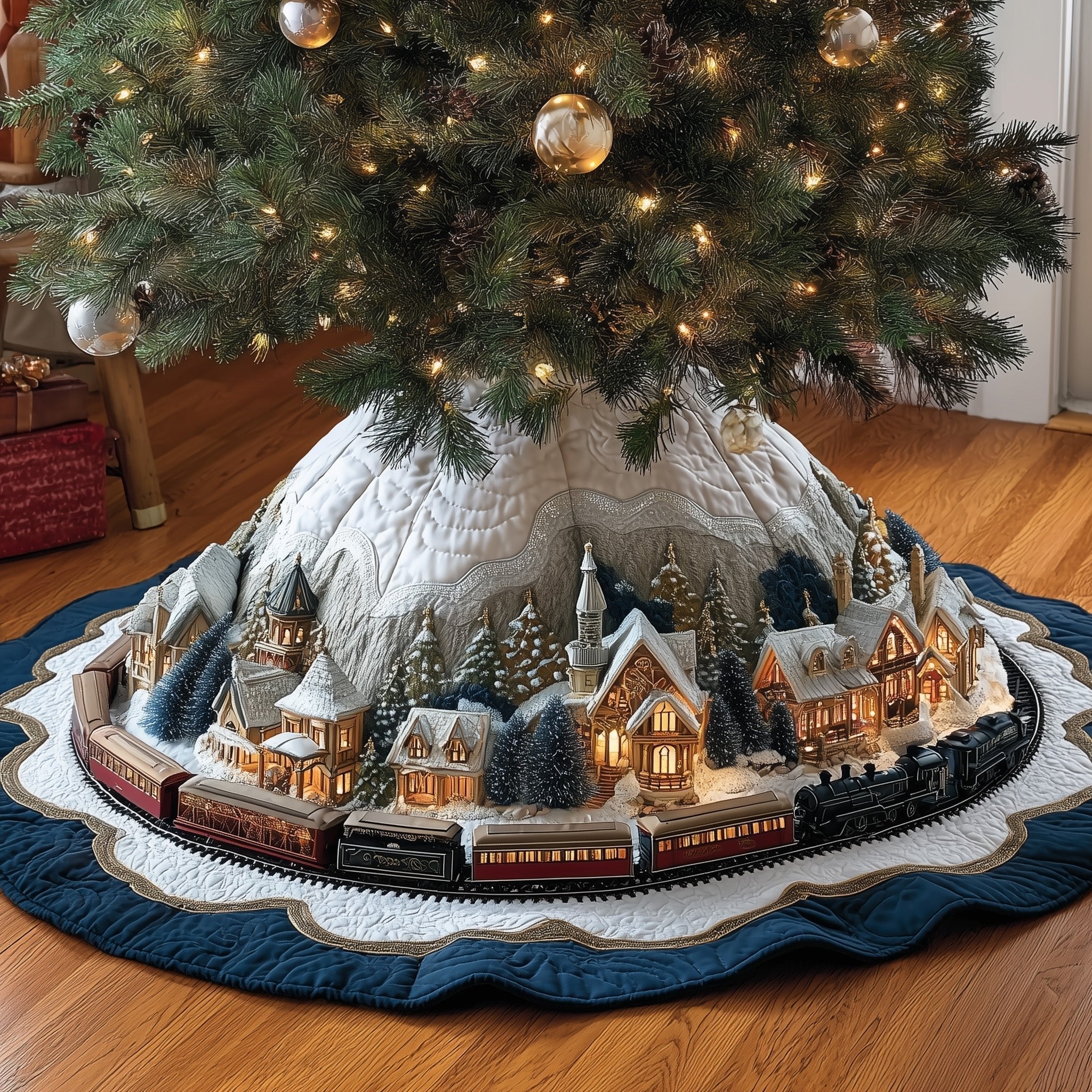 Village Church with Passing Train Christmas Tree Skirt