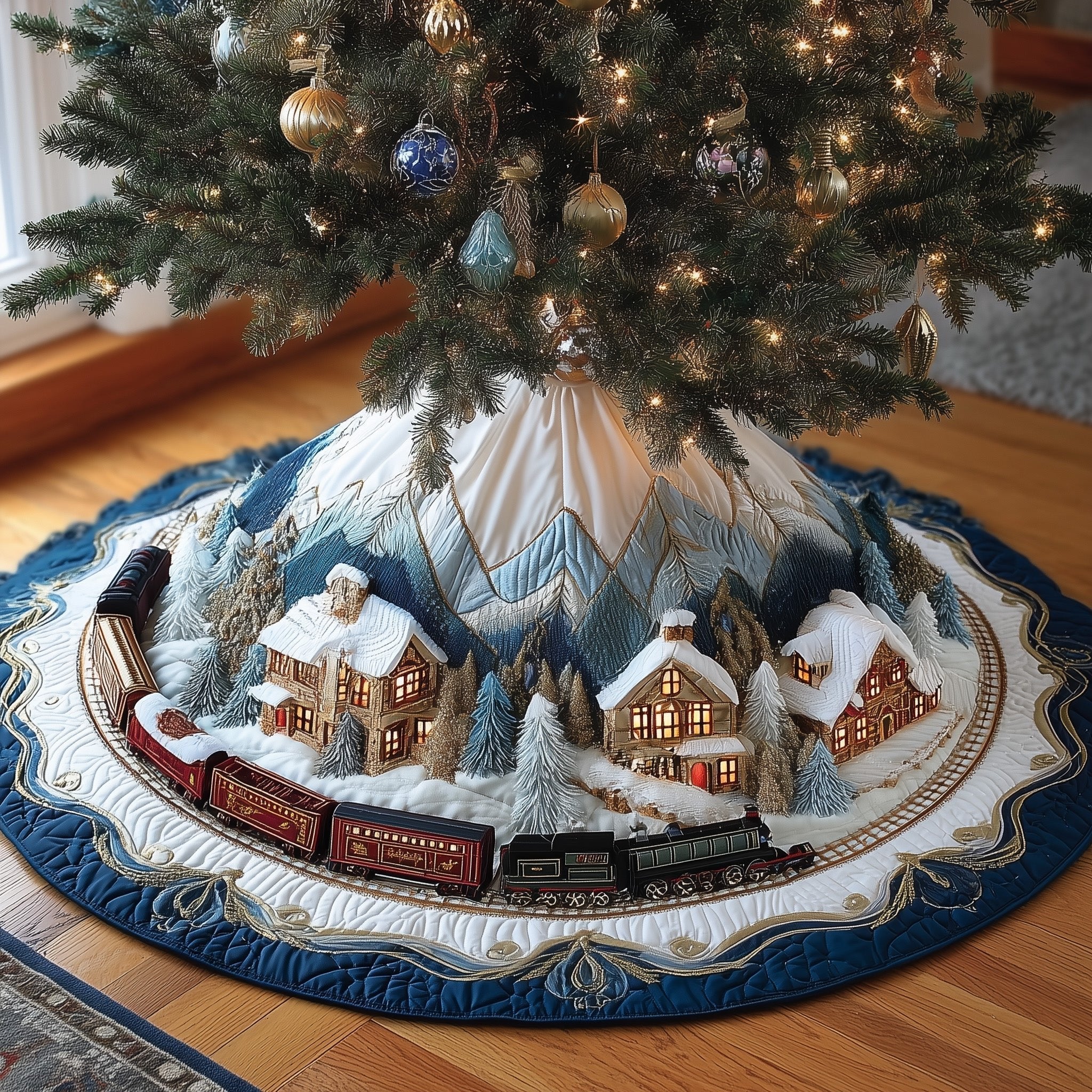 Blue Mountain Village and Train Christmas Tree Skirt