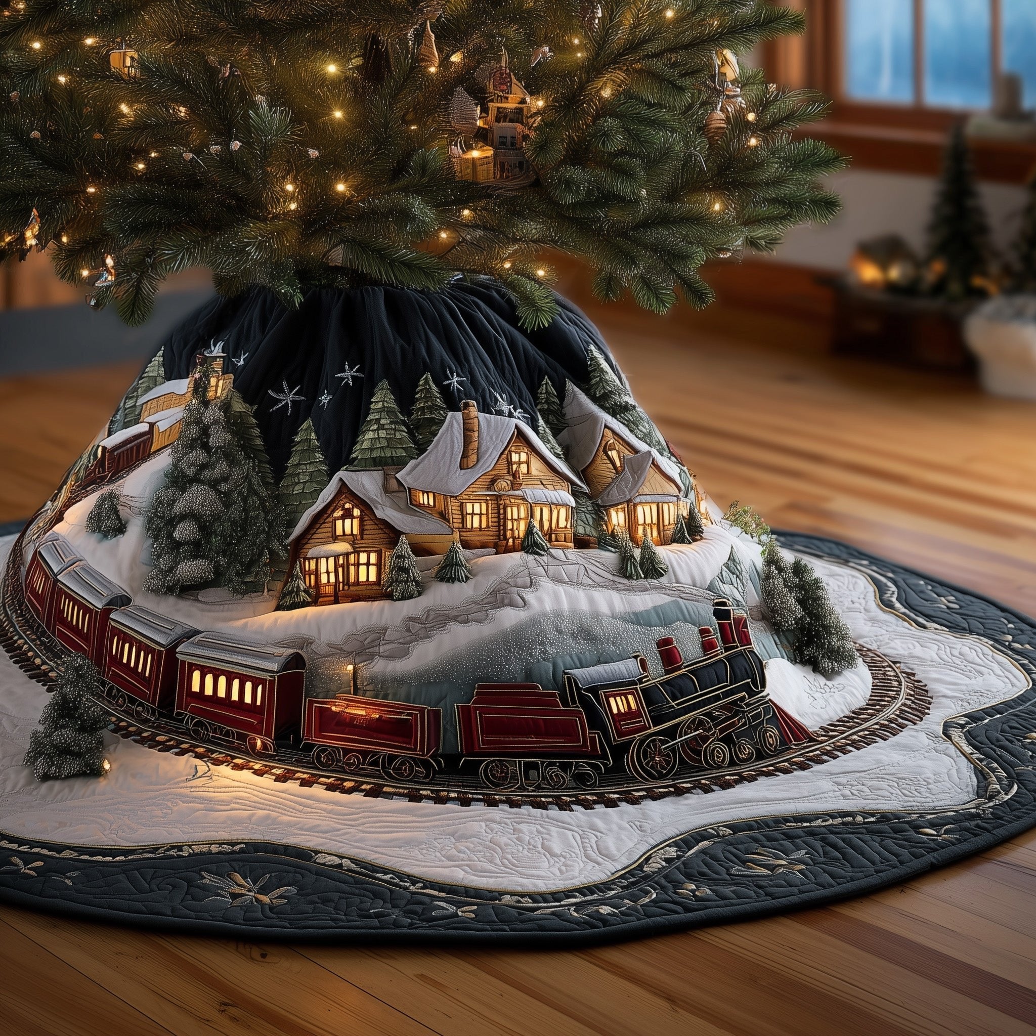 Night Village with a Red Train Christmas Tree Skirt