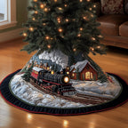 Steam Train by the Mountain Cabin Christmas Tree Skirt
