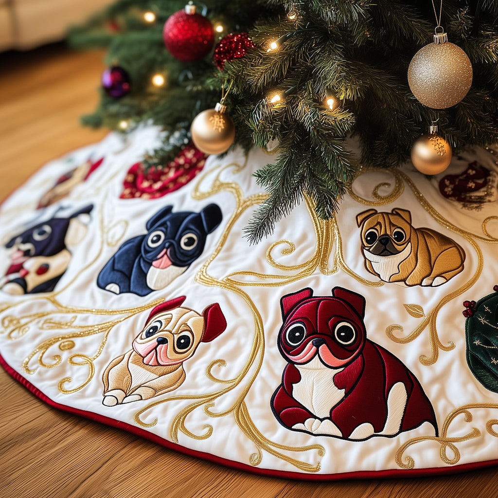 Pugs and Frenchies in Red Scarves Christmas Tree Skirt