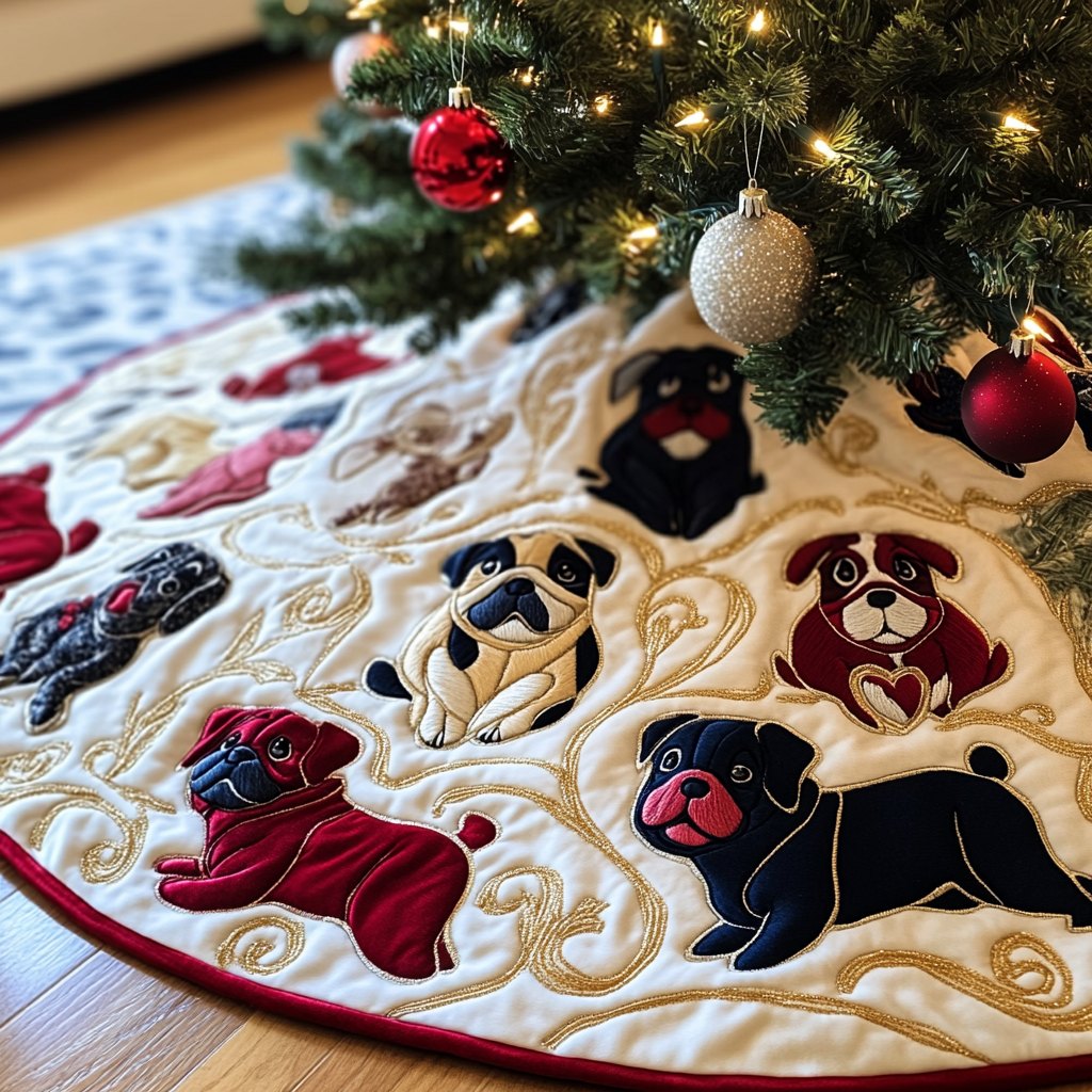 Black and Fawn Pugs on Cream Christmas Tree Skirt