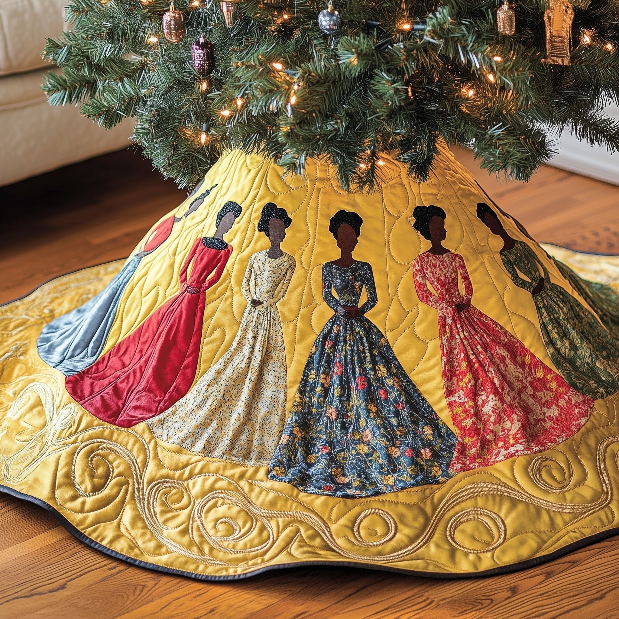 Women in Gowns with Gold Border Christmas Tree Skirt