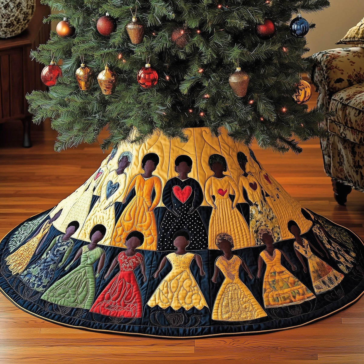 Women in Dresses with Heart Motifs Christmas Tree Skirt