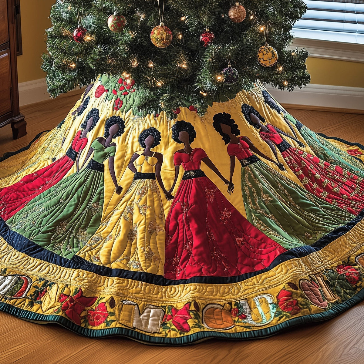 Women in Green and Red Gowns Christmas Tree Skirt